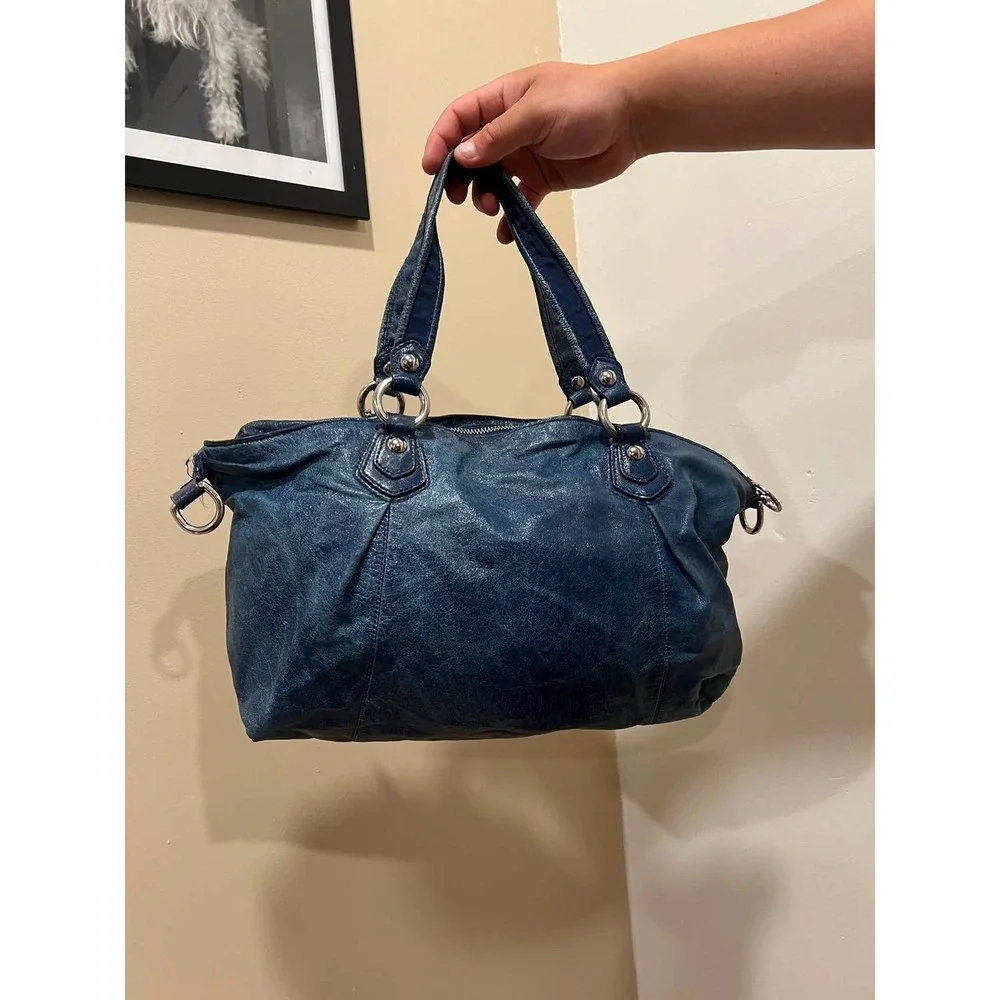 Coach Poppy Storypatch Blue Metallic Leather Satchel Bag 15233